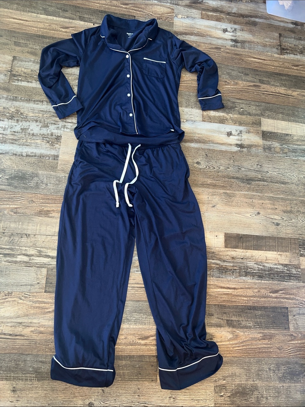 Women's Navy Pajama Set with White Piping